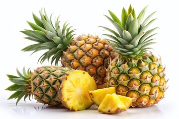 Juicy Pineapple Pieces Isolated on White Background - Fresh Tropical Fruit Slices