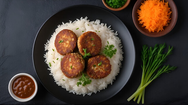 top view delicious fried cutlets with cooked rice on a dark background dish meat rissole