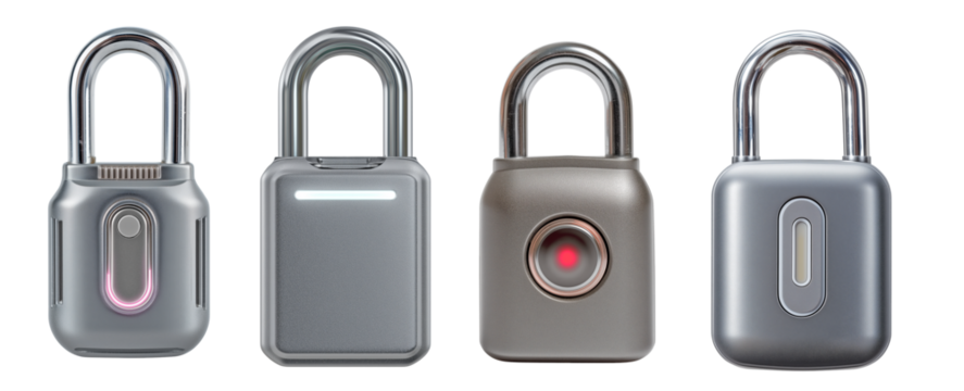 Set of modern smart padlocks with LED indicators and fingerprint sensors on transparent background, technology security lock collection for digital access, smart home, or IoT product design