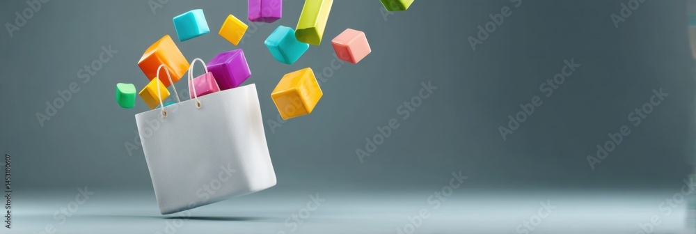 Poster colorful parcels floating around an abstract shopping bag creating a dynamic visual display of shopp