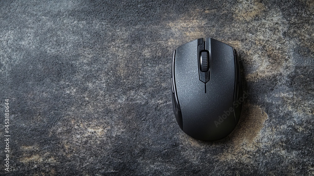 Poster high resolution image of a black wireless computer mouse on a dark textured background web top tool
