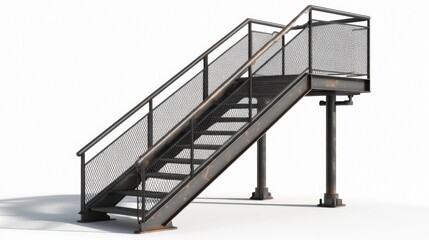 Fototapeta premium Rustic Metal Staircase 3D Render Isolated on White Background, Industrial Design, Exterior Elevated Structure