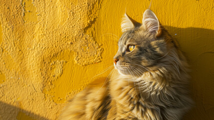 Charming vertical fluffy cat illuminated by sunlight near a vibrant yellow wall, evoking warmth. Generated AI -