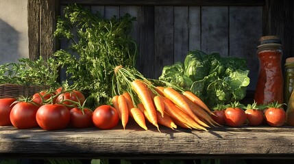 Freshly Harvested Vegetables on Rustic Table, Generative AI