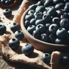 Rustic Close-Up of Fresh Blueberries in Wooden Bowl