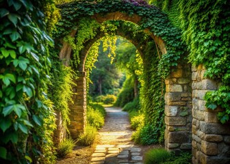 Obraz premium Lush Garden Path Framed by Ivy-Covered Stone Archway Leading to Distant Building