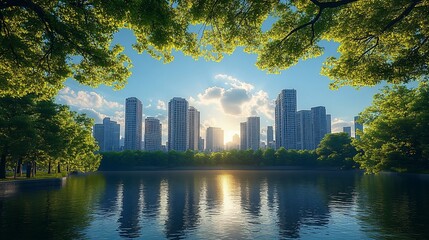 Obraz premium Urban serenity waterfront view of city skyline reflected in calm waters