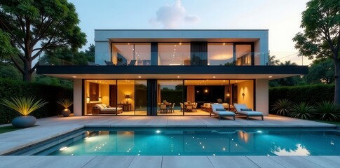 Fototapeta premium Sleek modern home, inviting patio, sparkling pool , clean, concrete