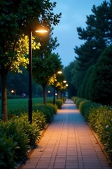 Fototapeta premium Sleek LED streetlight illuminates modern walkway at dusk, lush greenery surrounds , energy efficient, walkway, design