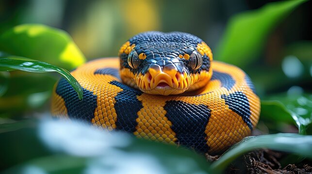 Sumatran blood python coiled in leaves.
