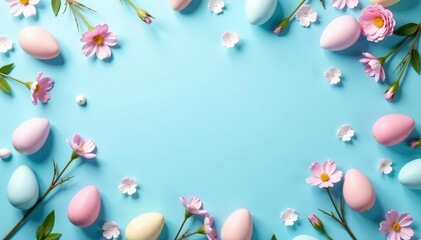 Subtle blue floral pattern with scattered pastel eggs, decoration, vector