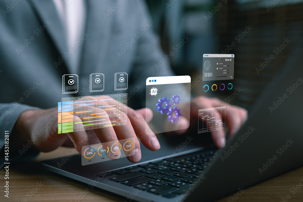 Poster Businessman working on laptop with AI automation system, project management dashboard, digital workflow, and data analytics concept for technology innovation and business efficiency.