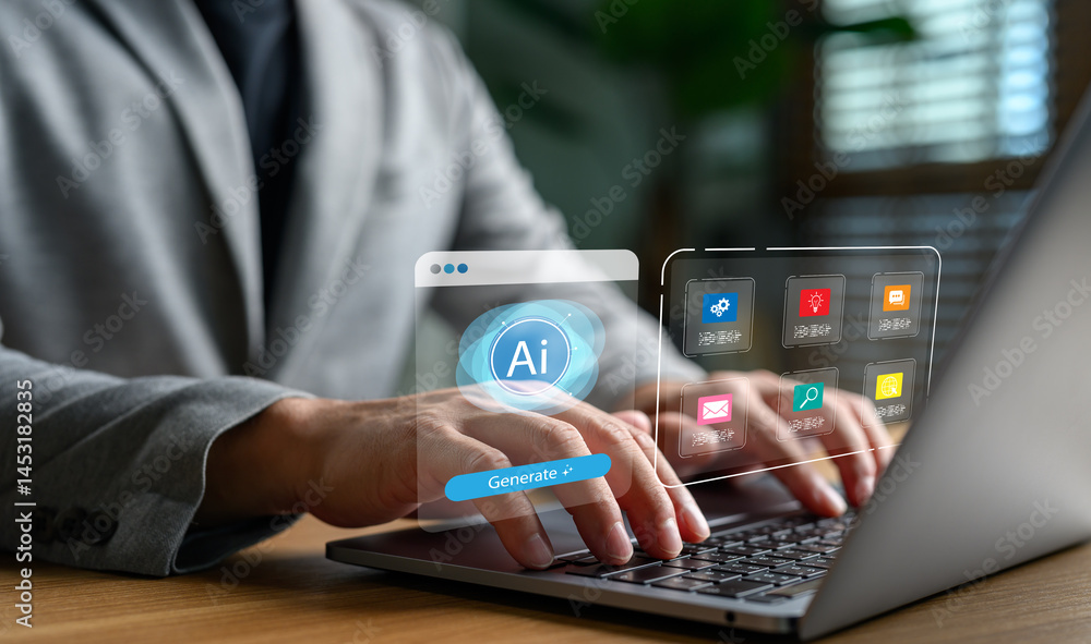 Leinwandbilder businessman using laptop with ai content generation platform, smart application dashboard, and digit