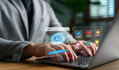 Businessman using laptop with AI content generation platform, smart application dashboard, and digital innovation tools for business productivity, creativity, and artificial intelligence technology.