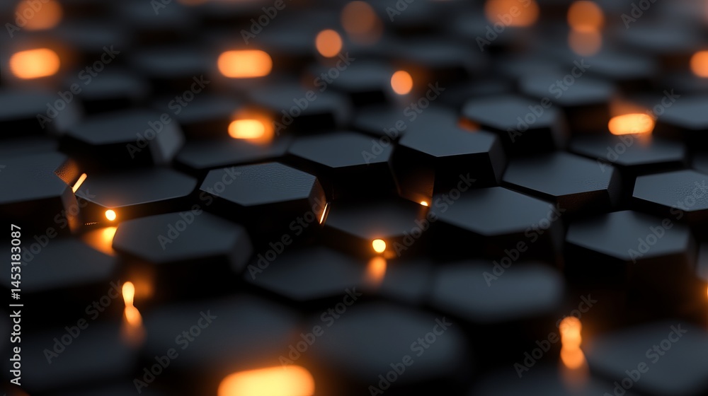 Aufkleber abstract dark hexagon pattern with glowing orange lights background texture 3d art grid black shape