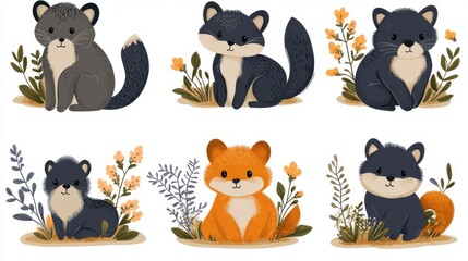 Cute cartoon animals in a floral setting.