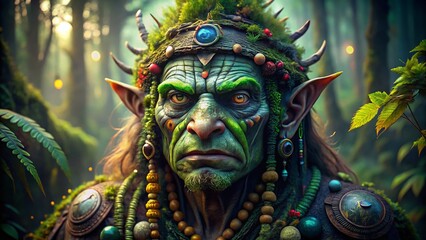 Obraz premium Macro Fantasy Shaman Troll, Mystical Forest Creature, Detailed Portrait