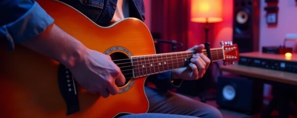 Naklejka premium Home studio setup, guitar in focus, podcasting equipment, home, studio, podcast