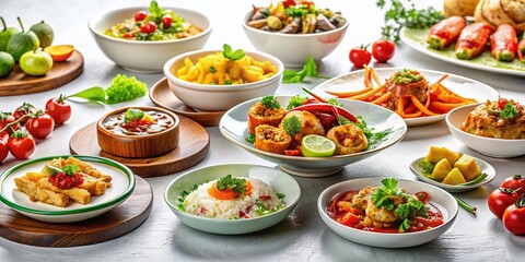 Macro Photography: Delicious Food Platter on White Background with Copy Space