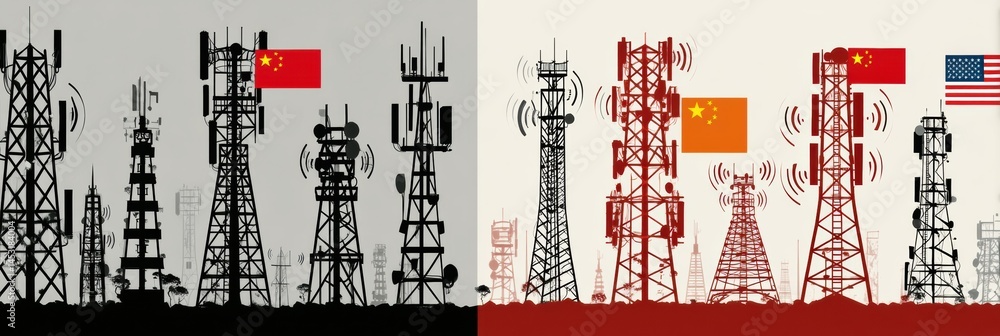 Fototapete 5g towers with us and china flags emitting signal disruption in urban setting during daytime generat