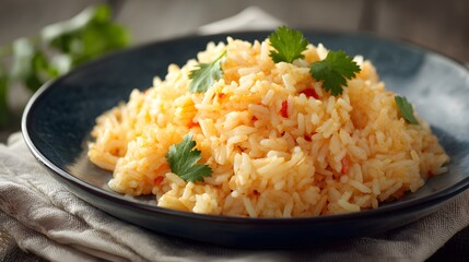 Golden Rice Dish: A beautifully plated dish of golden rice is topped with fresh green cilantro and exudes a sense of culinary excellence.