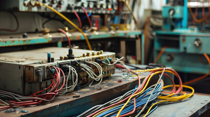 Close-up of machinery with cables on table in laboratory at factory .