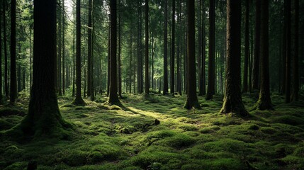 Obraz premium Mystical Forest: Sunlight Filtering Through Tall Trees and Mossy Ground