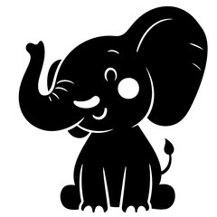 Adorable cartoon elephant silhouette, winking, black and white vector illustration.