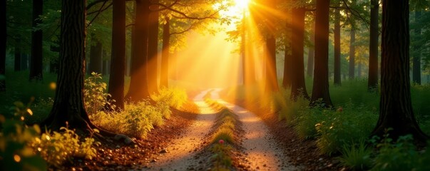 Fototapeta premium Dusty forest track bathed in golden sunlight, trees framing a sunlit path, dust, nature