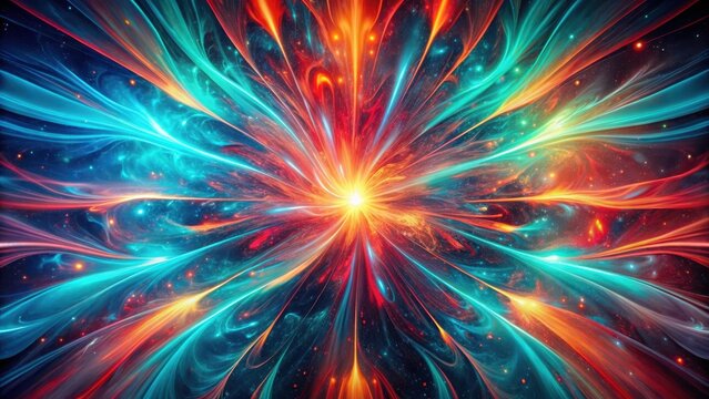 Radiant red wisps pulse through a kaleidoscope of swirling colors ? turquoise, emerald, and sapphire ? generating an otherworldly abstract atmosphere, sapphire , neons