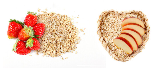 Set strawberries and apple over portion of Raw organic oat flakes isolated on white background. Photography for packaging