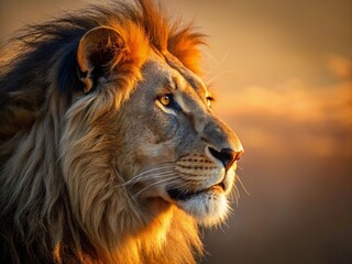 Naklejka premium Majestic Lion Profile: Close-Up Evening Minimalist Photography