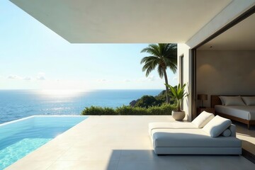 Obraz premium Sleek coastal residence, sun-drenched patio overlooking the sea, property, blue, luxury