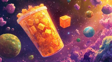 A vibrant, translucent beverage cup filled with cubed, glowing orange-yellow ice cubes floats in a galaxy of swirling nebulae and planets