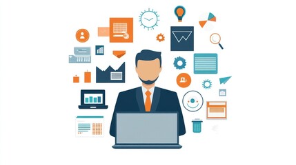 A businessman typing on a laptop surrounded by digital icons representing various business tools and progress