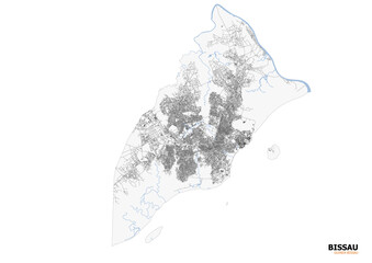 Vector map of Bissau, Guinea-Bissau, highlighting highways, buildings, and waterways. Clean, detailed, and modern design perfect for urban planning, infographics, or educational use.