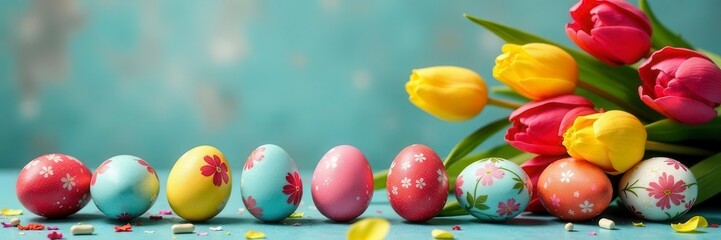 Vibrant painted eggs & blooming tulips arranged on a table, nature, bunny, image