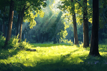 Luminous forest illustration: A tranquil woodland scene bathed in sunlight