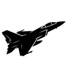 A black silhouette of a fighter jet in flight against a white background.