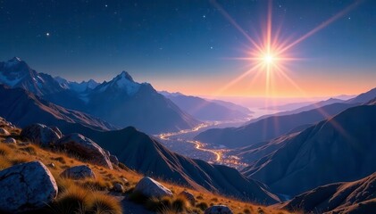 Bright star over Bethlehem's mountainous landscape, snow, majestic