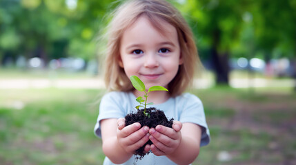 Young Caucasian girl holding soil and green seedling in hands outdoors for Earth Day visuals, environmental education, and sustainability campaigns with vibrant green color palette