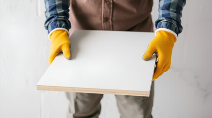The worker's hands in gloves hold a sheet of plasterboard