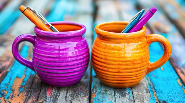 Colorful mugs with pens, and wooden table. - Powered by Adobe