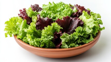 Fresh mixed salad greens in a clay bowl showcasing vibrant colors and textures