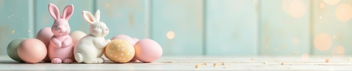 Obraz premium Pastel eggs & bunny figurines on a light wood background , decor, pastel eggs, delicate