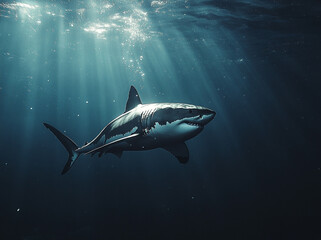 Fototapeta premium Majestic great white shark glides gracefully through sunlit ocean depths