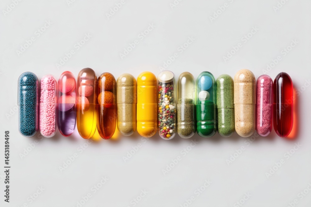 Aufkleber Bright Display of Colorful Alternative Herbal Medicines and Pills Arranged Neatly on a Light Background Generative AI