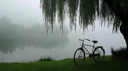 Obraz premium Misty morning scene by a lake, with a bicycle parked by the shore under a weeping willow tree. Foggy atmosphere over tranquil water, and lush green grass
