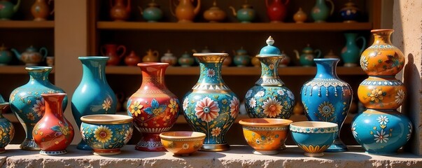 Sun-drenched display, jewel-toned pottery, ornate details , clay pottery, antique pottery