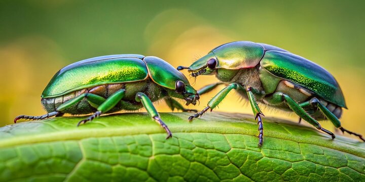 Minimalist Green June Beetles Battle on Leaf - Stock Photo